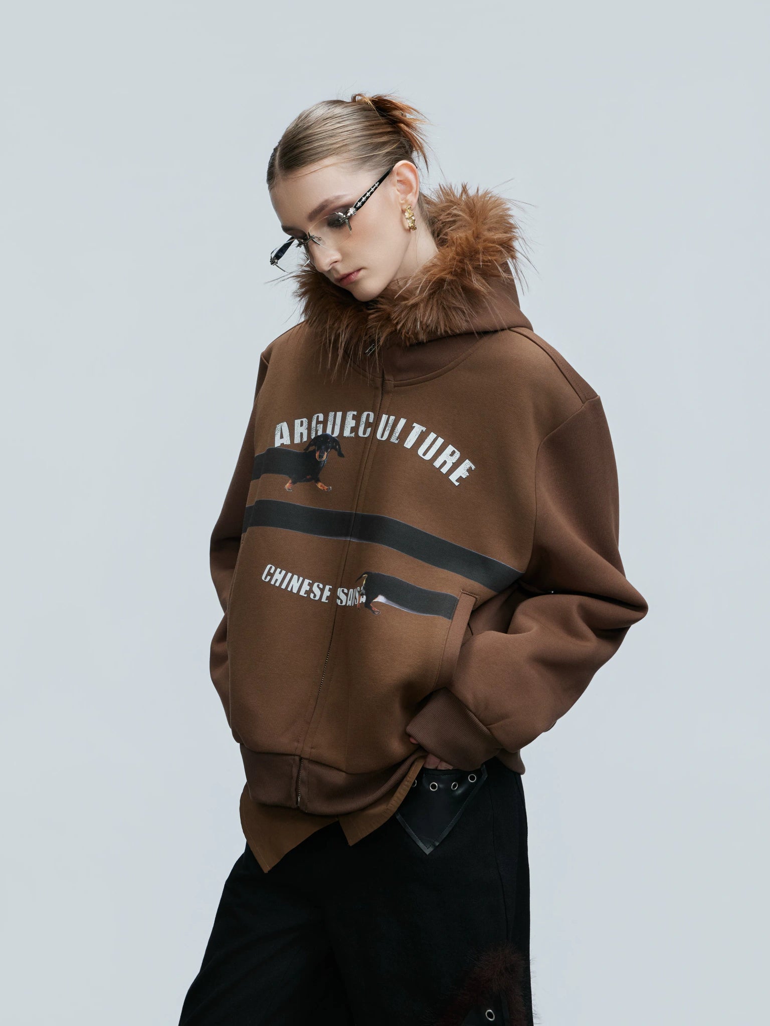 Dachshund Print Zip Hoodie with Plush Hood Trim - main image 2