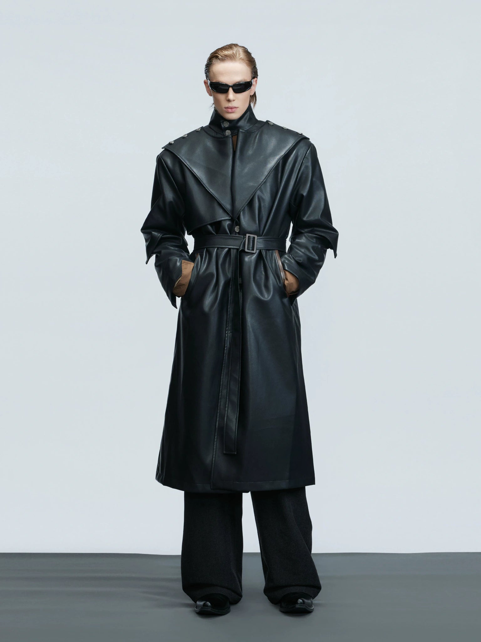 Deconstructed PU Leather Long Coat with Stand Collar - main image 1