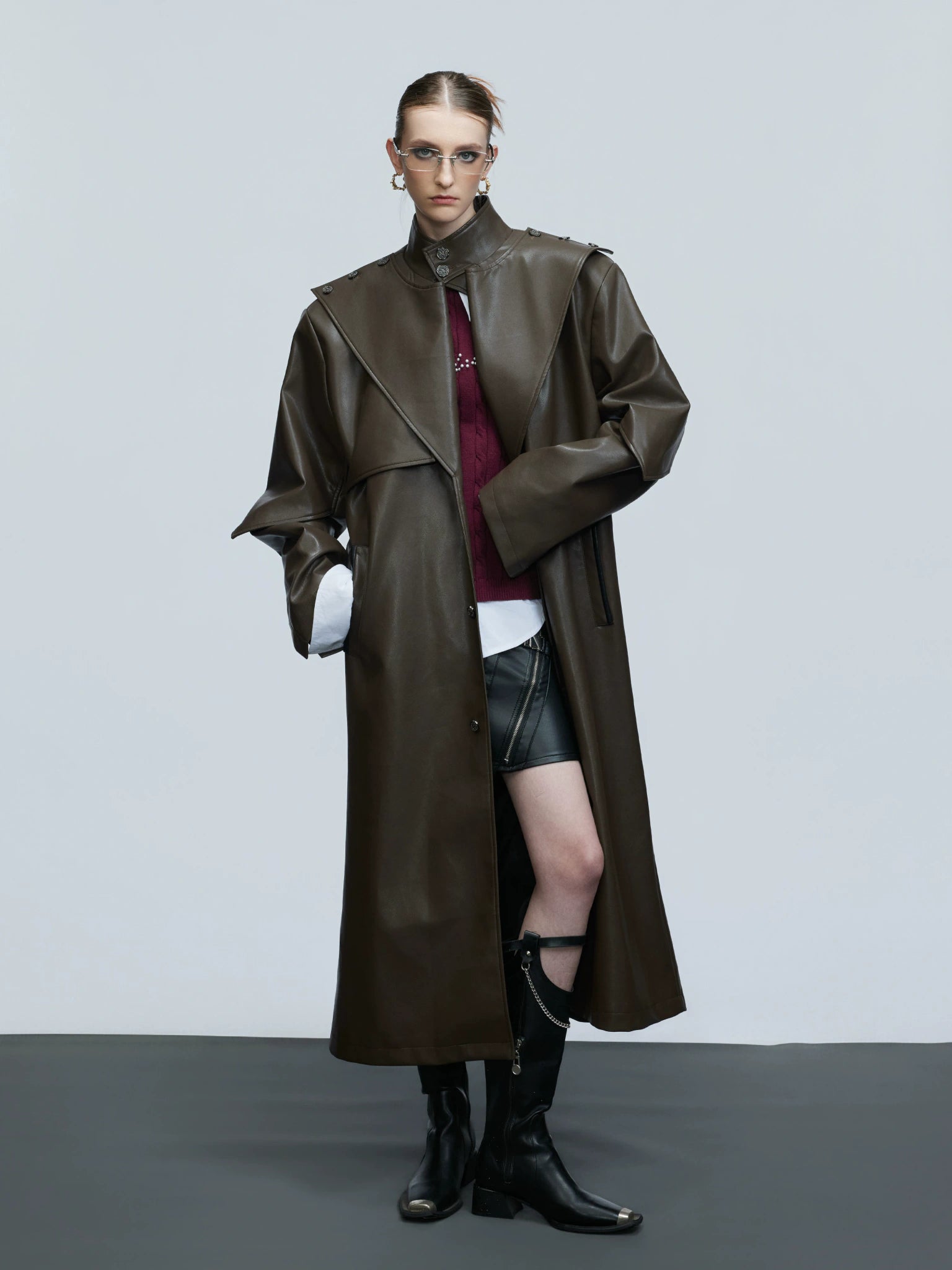 Deconstructed PU Leather Long Coat with Stand Collar - main image 2