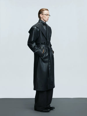 Deconstructed PU Leather Long Coat with Stand Collar - main image 3
