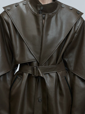 Deconstructed PU Leather Long Coat with Stand Collar - main image 4