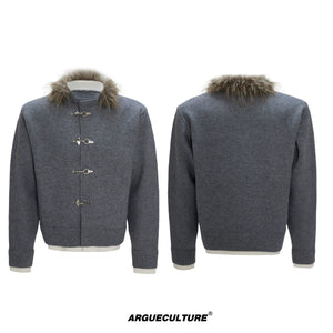 Shimmer Knit Cardigan with Detachable Fur Collar - Gray Top