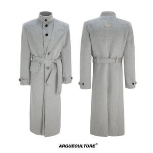 Deconstructed Cotton-Wool Long Coat with Tie Waist - Grey Top