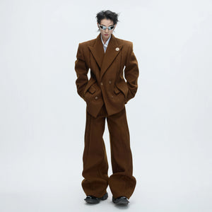 Asymmetric Wool-Blend Suit Set in Gray or Brown - main image 1