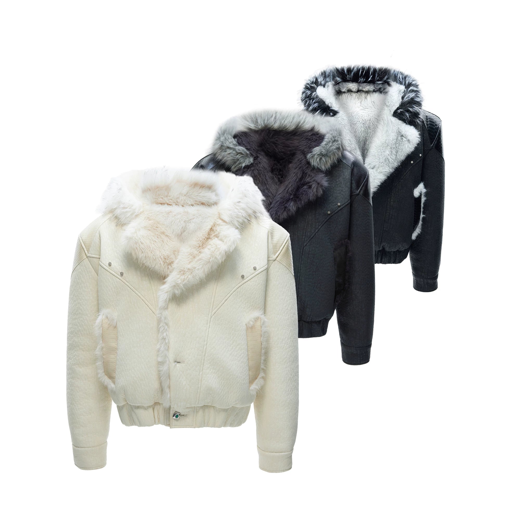 Marbled Faux Wolf-Fur Collar Jacket for Streetwear - main image 1