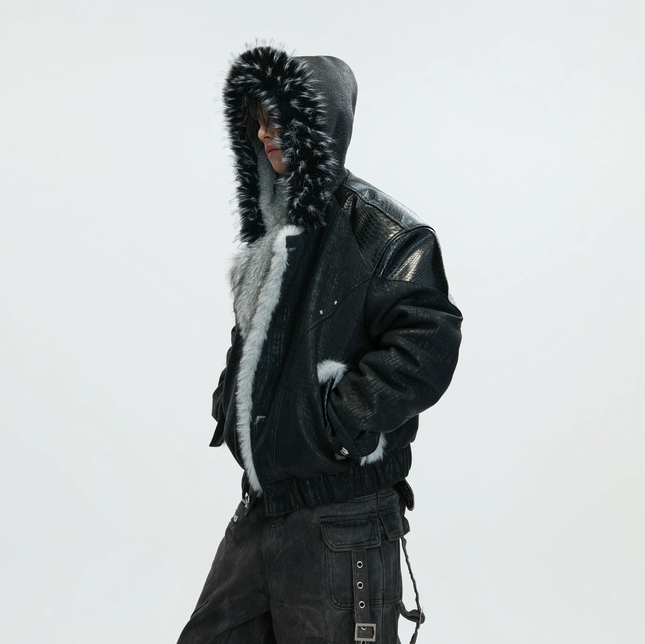Marbled Faux Wolf-Fur Collar Jacket for Streetwear - main image 2