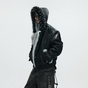 Marbled Faux Wolf-Fur Collar Jacket for Streetwear - main image 2