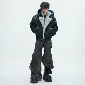 Marbled Faux Wolf-Fur Collar Jacket for Streetwear - main image 5