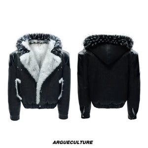 Marbled Faux Wolf-Fur Collar Jacket for Streetwear - Black Top