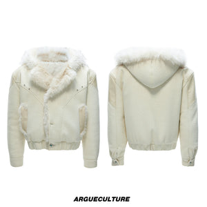 Marbled Faux Wolf-Fur Collar Jacket for Streetwear - White Top