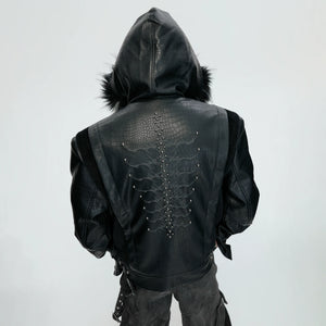 Crocodile-Textured Hooded Padded Jacket | Loose Fit - main image 1