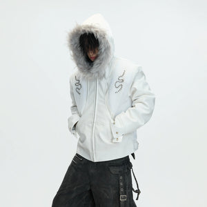 Crocodile-Textured Hooded Padded Jacket | Loose Fit - main image 2