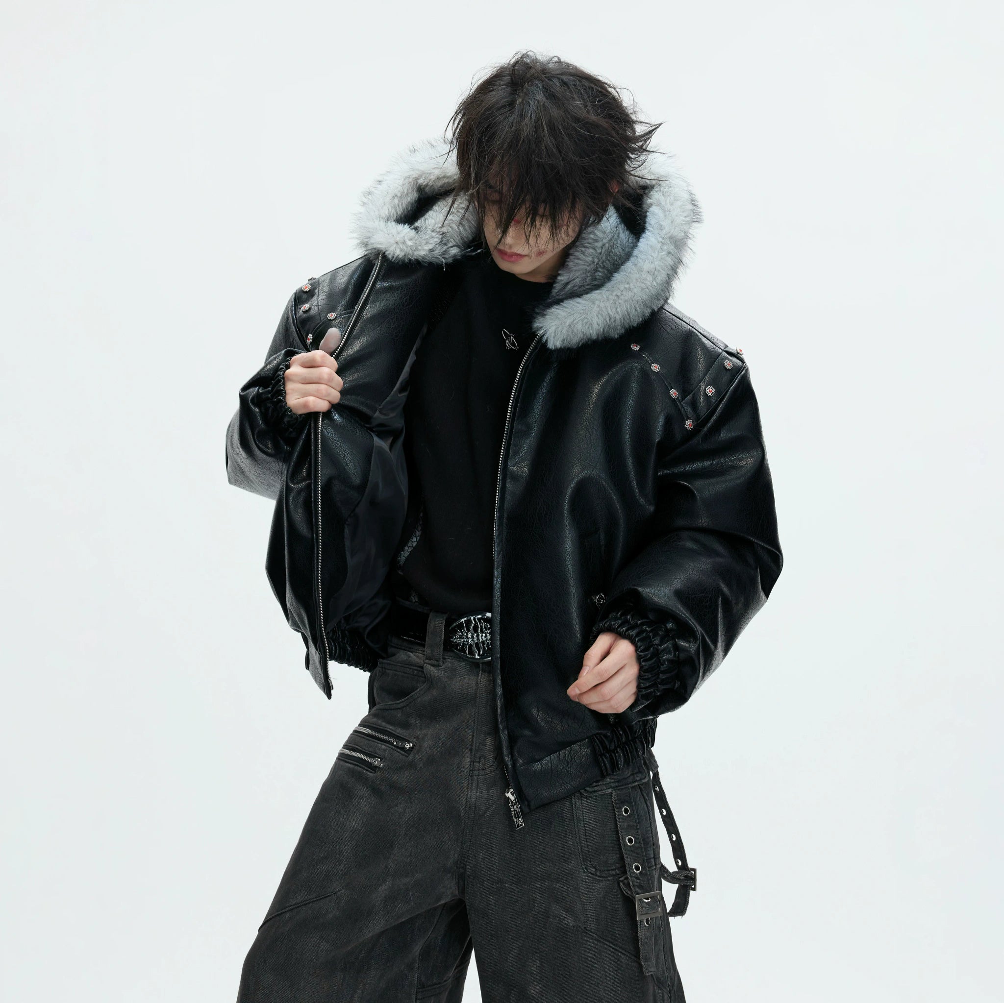 Relaxed Black Faux Leather Hooded Jacket - main image 2