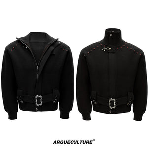 Cinch-Waist Wool Blend Jacket with Stand Collar - Black Top
