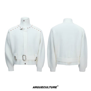 Cinch-Waist Wool Blend Jacket with Stand Collar - White Top