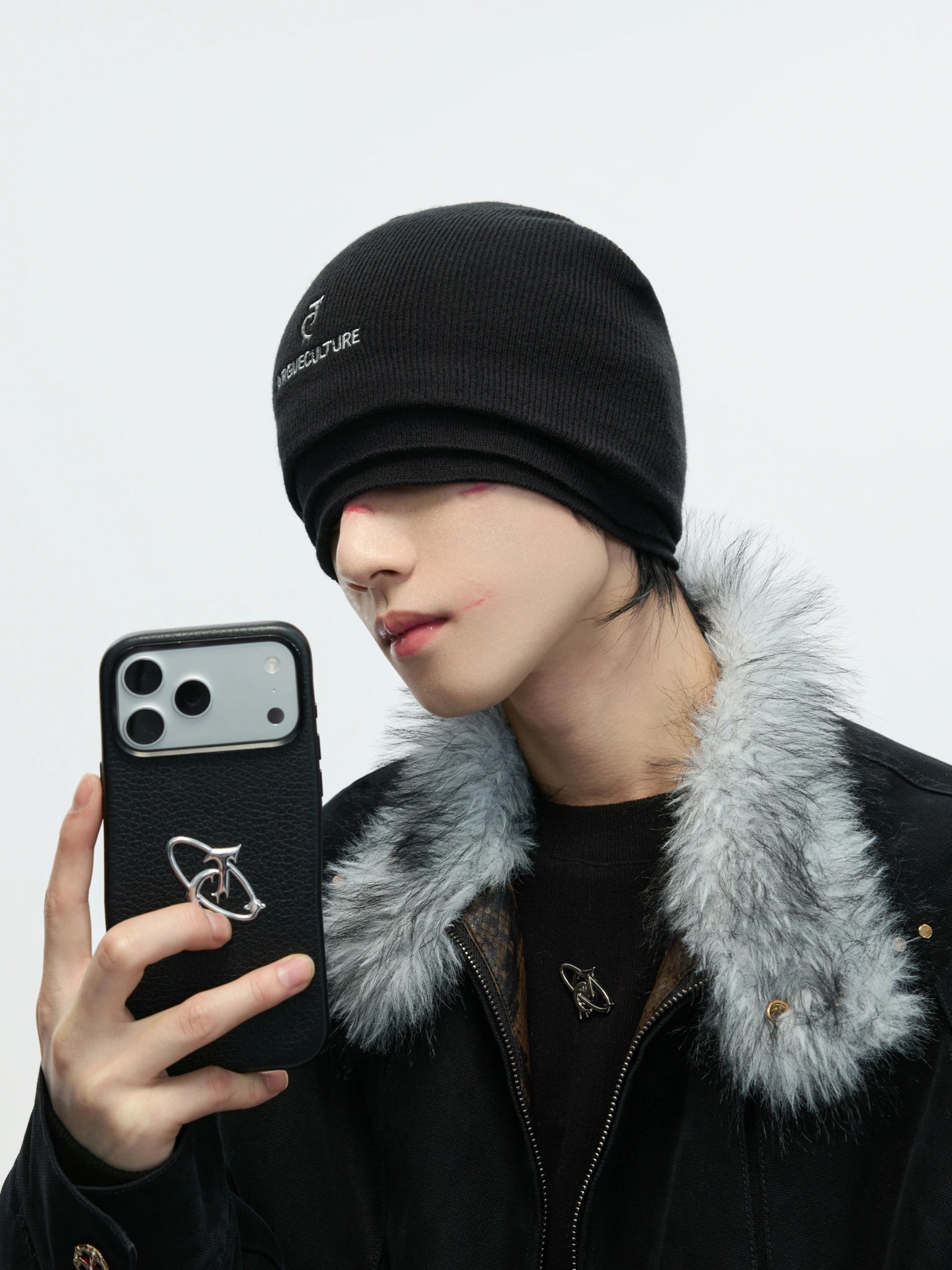 Black Fleece-Lined Faux-Layer Knit Beanie - main image 1
