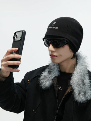 Black Fleece-Lined Faux-Layer Knit Beanie - main image 3