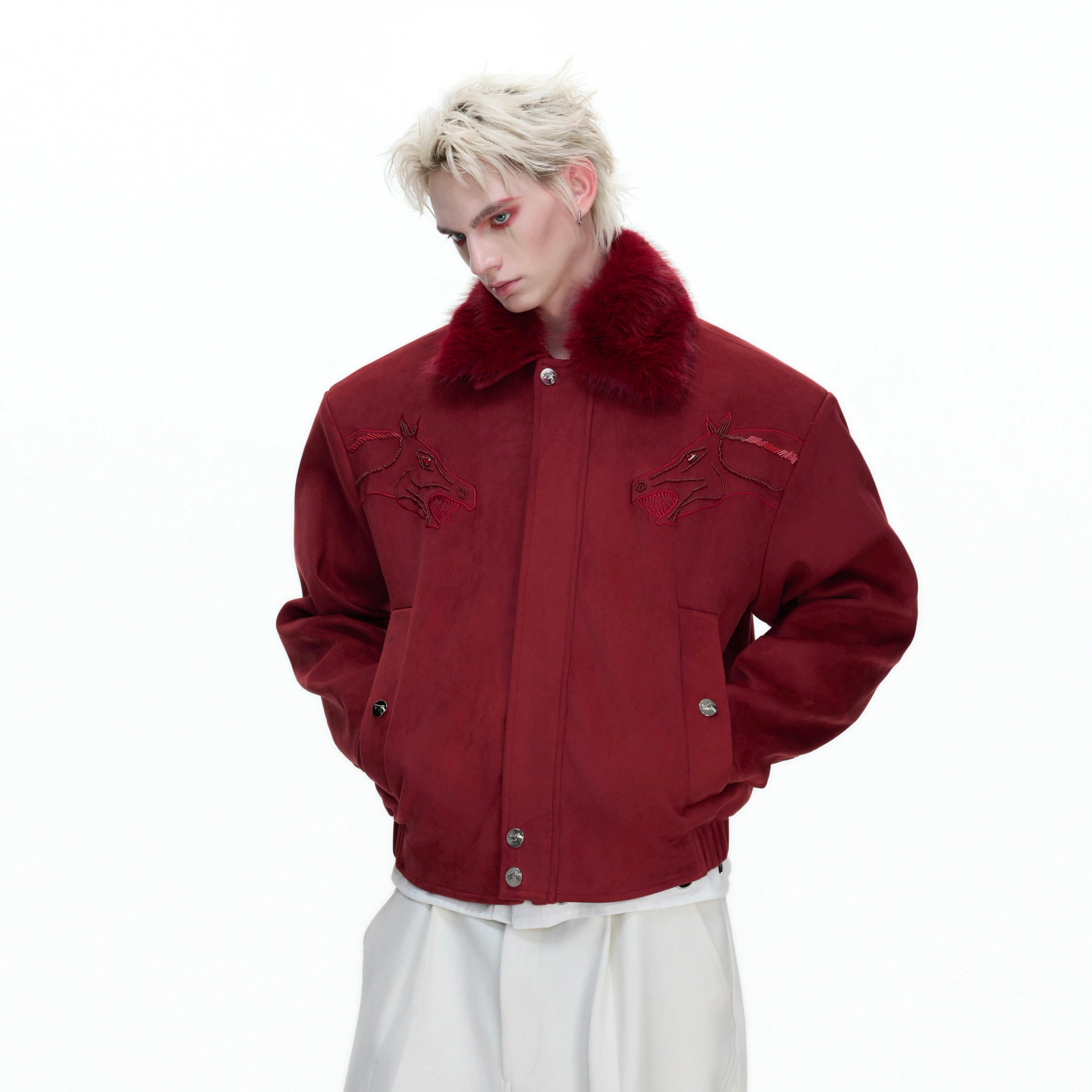 Cropped Suede Jacket with Detachable Faux Fur Collar - main image 2
