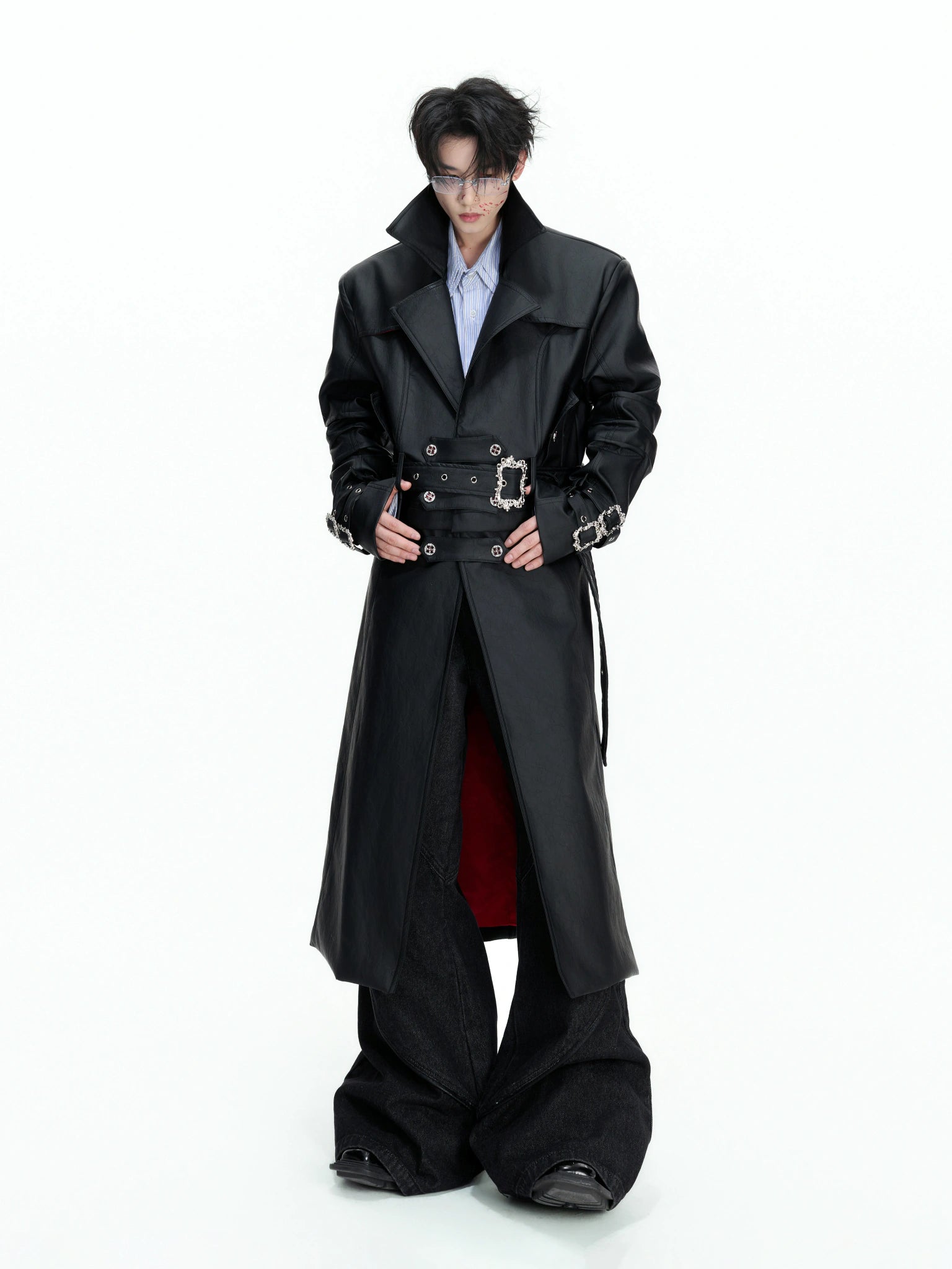 Long Black Faux Leather Trench Coat | Relaxed Fit - main image 1