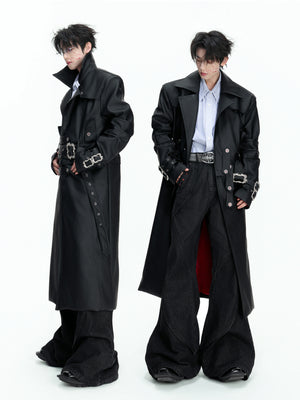 Long Black Faux Leather Trench Coat | Relaxed Fit - main image 2