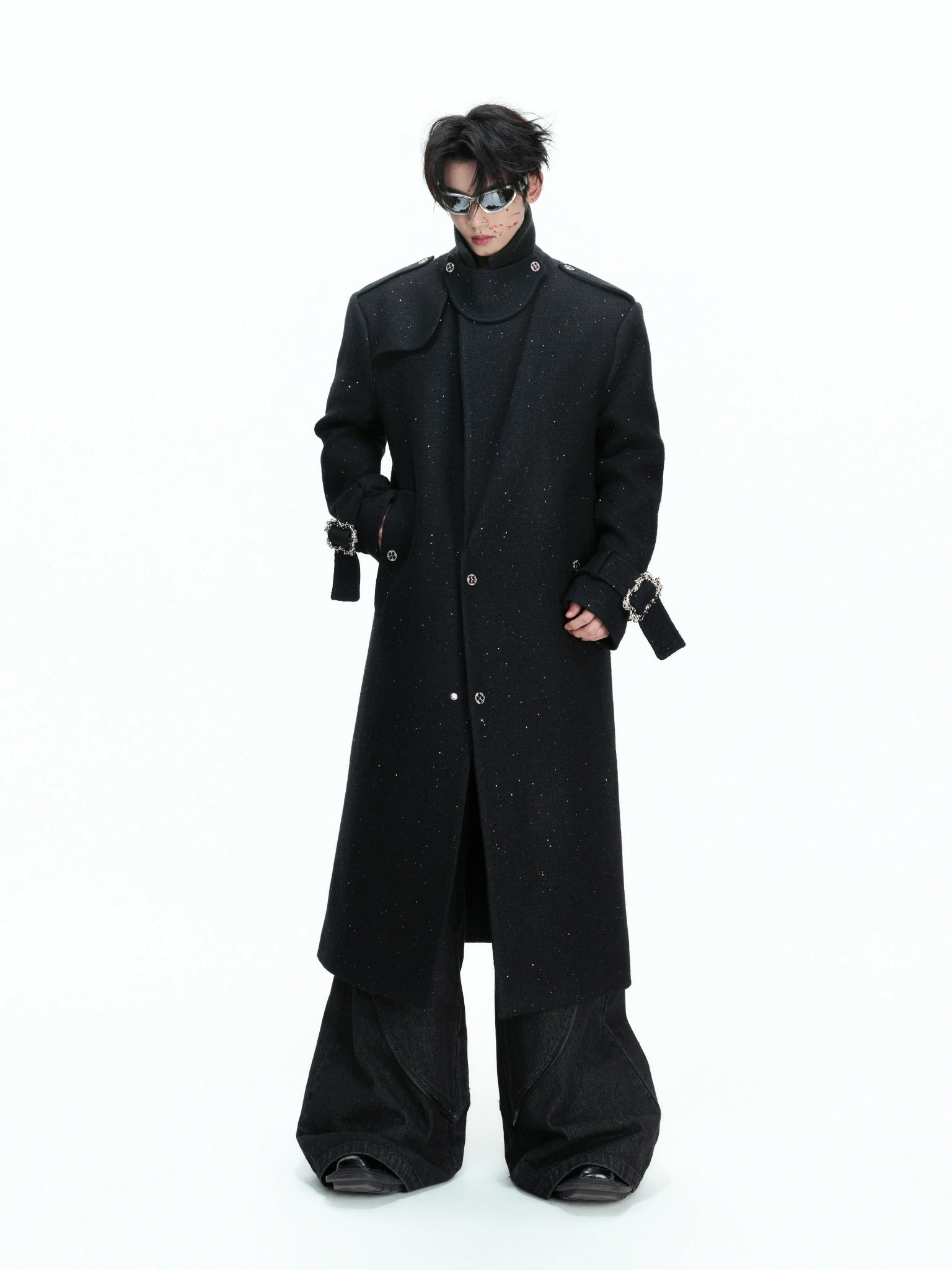 Black Sequin Wool-Blend Longline Coat | Relaxed Fit - main image 1