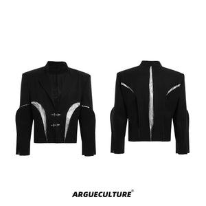 Deconstructed-Cropped-Blazer---Textured-Twill-Jacket-with-Metal-Buttons-Black-jacket