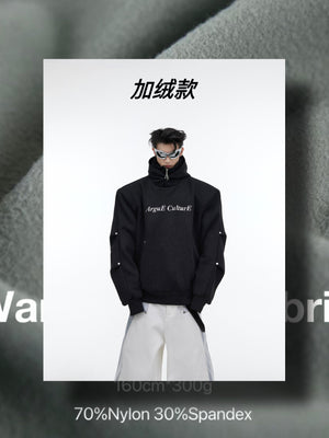 Deconstructed-Glitter-Hoodie---Double-Layer-High-Neck-with-Metal-Buttons-Black-Fleece