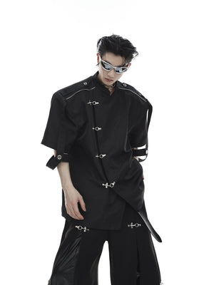 Deconstructed-Mandarin-Collar-Sleeveless-Jacket---Metallic-Button-Streetwear-Black