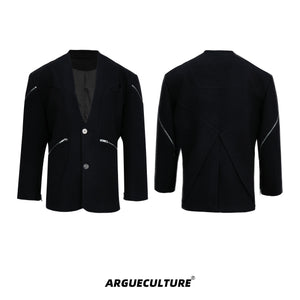 Deconstructed-Metal-Zip-Blazer---Twill-Texture-Suit-Set-Black-Jacket