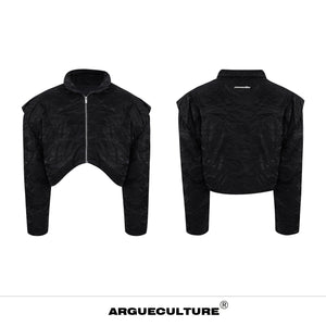 Deconstructed-Pleated-Cropped-Puffer-Jacket---Glossy-Textured-Coat-Black-Jacket