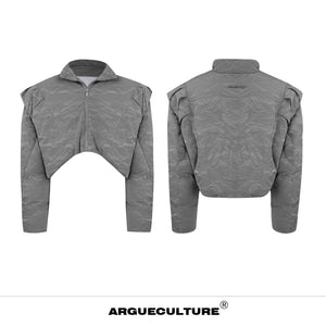 Deconstructed-Pleated-Cropped-Puffer-Jacket---Glossy-Textured-Coat-Gray-Jacket