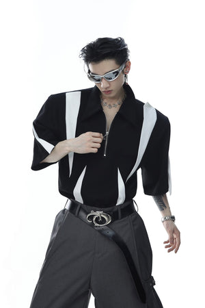 Deconstructed-Polo-Shirt---Square-Neck---Metal-Zipper---Streetwear-Tee-Black