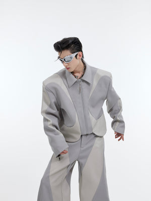 Deconstructed-Shoulder-Pad-Jacket---Twill-Blend-Leather-Trim-Suit-Gray-Top