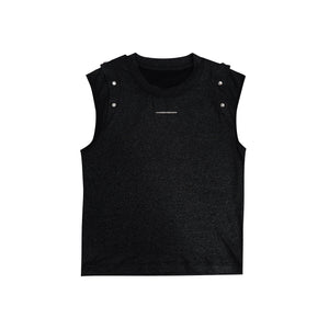 Deconstructed-Sleeveless-Tee---Split-Sleeves---Metal-Buttons-Black