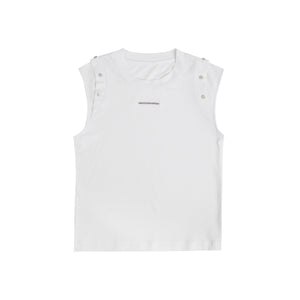 Deconstructed-Sleeveless-Tee---Split-Sleeves---Metal-Buttons-White