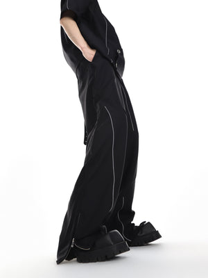 Deconstructed-V-Neck-Blazer---Padded-Shoulder-Short-Sleeve-Suit-Set-Black-Pants