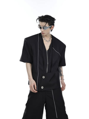 Deconstructed-V-Neck-Blazer---Padded-Shoulder-Short-Sleeve-Suit-Set-Black