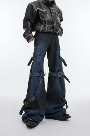 Deconstructed-Vintage-Flare-Jeans-with-Metal-Buckles-Blue