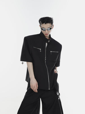 Deconstructed-Zip-Up-Short-Sleeve-Blazer---Streetwear-Mens-Jacket-Black