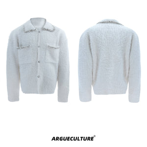 Diamond-Trimmed-Faux-Fur-Patchwork-Cardigan---Oversized-Mens-Sweater-White-Jacket