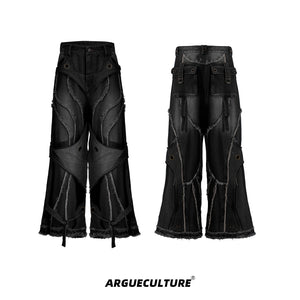 Distressed-Double-Layer-Raw-Hem-Jeans---Loose-Retro-Fit-Black-Bottoms