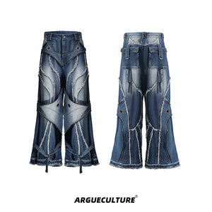 Distressed-Double-Layer-Raw-Hem-Jeans---Loose-Retro-Fit-Blue-Bottoms