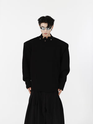Distressed-Shoulder-Pad-Sweater-with-Metal-Accents---Streetwear-Top-Black