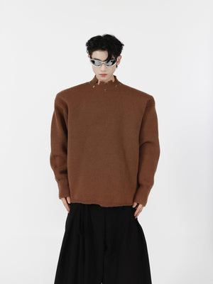 Distressed-Shoulder-Pad-Sweater-with-Metal-Accents---Streetwear-Top-Dark-Brown