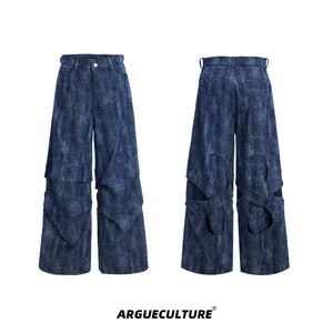 Distressed-Straight-Leg-Jeans---Textured-Patchwork-Denim-Pants-Blue-Bottoms