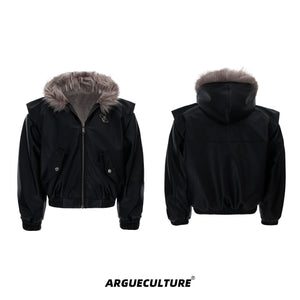 Double-Face-PU-Hooded-Jacket---Fur-Collar-Streetwear-Coat-Black-Jacket