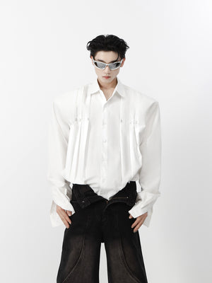 Edgy-Metal-Studded-Shoulder-Pad-Shirt---Wrinkle-Design-Open-Front-White