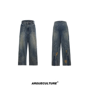 Laser-Cut-Distressed-Denim-Jacket---Wide-Leg-Jeans-Set-Blue-Pants