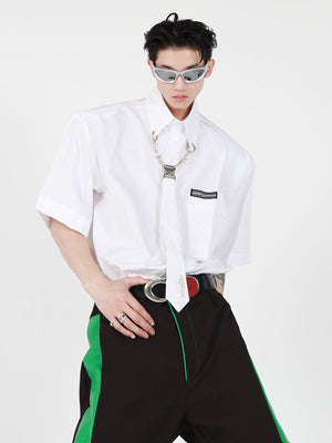 Metal-Tie-Detail-Oversized-Short-Sleeve-Shirt---Streetwear-Style-White