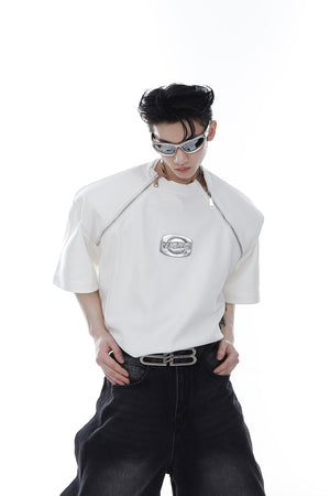 Metal-Trim-Zip-Up-White-Tee-with-Shoulder-Pads---Streetwear-White